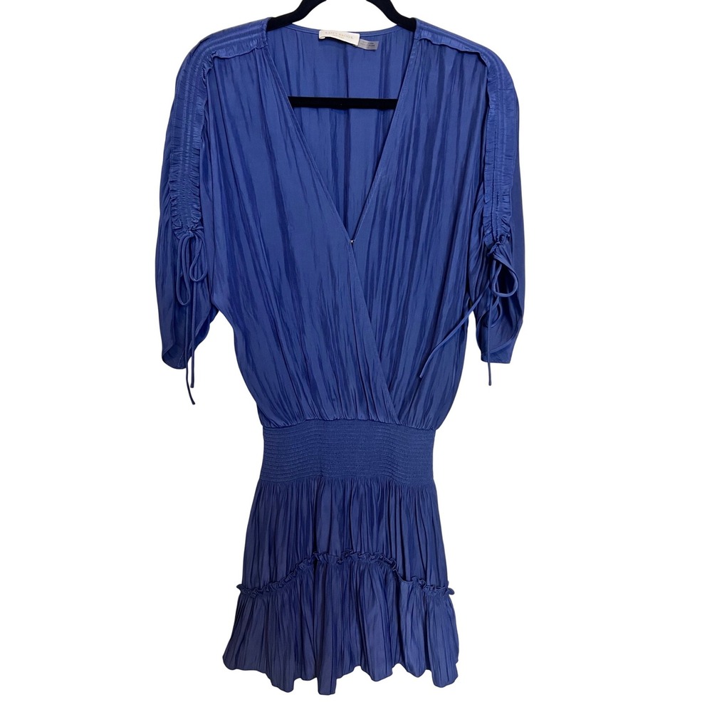 Ramy Brook Blue Smocked Waist‎ Ruched Sleeve Mini Dress Size Large Navy Pleated